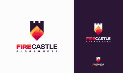 Sticker - fire castle logo designs concept vector, fire shield logo template icon