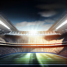 American Football Field Illuminated By Stadium Lights