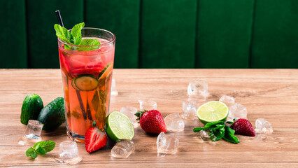 Sticker - Fresh strawberry mojito drinks on a vintage wooden dark table. mocktail decorated with strawberries and mint