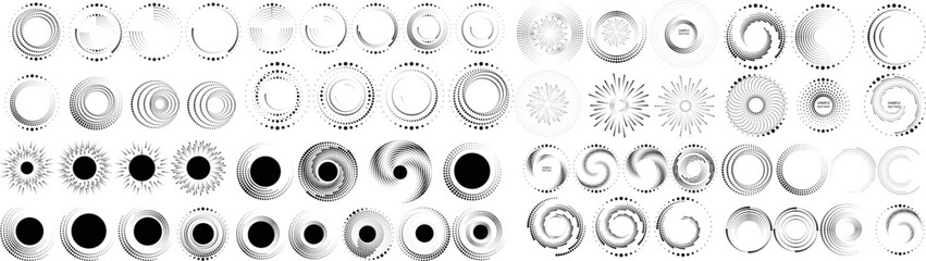 Wall Mural - Design elements with circular halftone dots. Vector rotating dotted circles design . Half tones collection . Concentric circles for posters, social media, promotion,  flyer, covers .Dotted frames