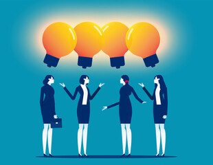 Wall Mural - Smart thinking business people office workers team up share lightbulb lamp idea. Sharing business ideas