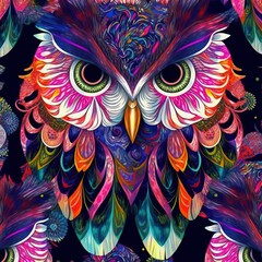 Wall Mural - Exotic colorful Owl pattern with tropical background. generative ai