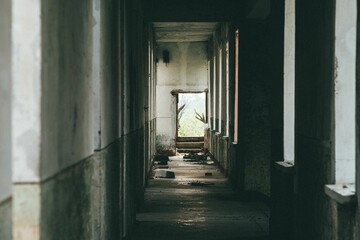 Sticker - Beautiful shot of a narrow abandoned hallway