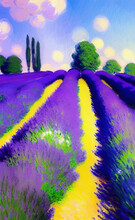 Rural Landscape, Field Of Flowers, Lavender Provence View. Village Nature. Digital Art Illustration.
