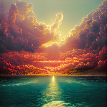 paradise. pink clouds, a river of bliss. a child's sunny dream. high quality illustration.