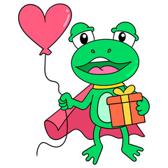 Sticker - Cute green frog with a gift and heart balloon cartoon character isolated on the white background