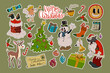 Collection of Christmas stickers elements in retro cartoon style. Colorful vector winter holiday illustrations