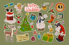 Collection Of Christmas Stickers Elements In Retro Cartoon Style. Colorful Vector Winter Holiday Illustrations