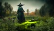 illustration of a old witch in the green moorland