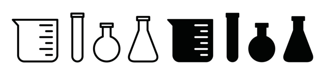 Laboratory beaker icon set. Сhemistry and biology symbol in flat and outline style. Chemical test tube icon. Laboratory glassware or beaker equipment tools. Сhemical experiment in flask vector 
