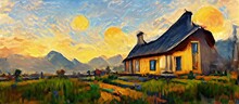 Impressionism Art, Oil Painting Old House Farm As Mountain View