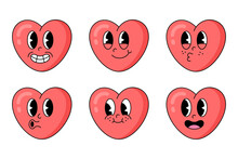Set Of Retro Facial Expressions. Heart Character With Different Emotions Old Cartoon Style. Cute Emoji Vector Set.