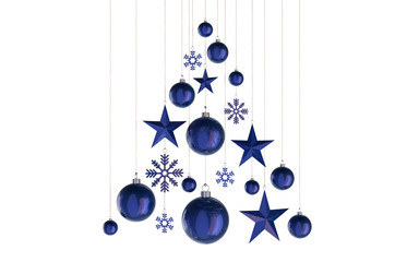 Wall Mural - abstract christmastree in shades of blue stars snowflakes baubles hanging from above isolated 3d ren