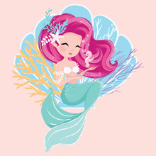 Cute Mermaid Vector Illustration, Illustration For Kids Fashion Artworks, Children Books, Greeting Cards, T-shirt Prints, Wallpapers.