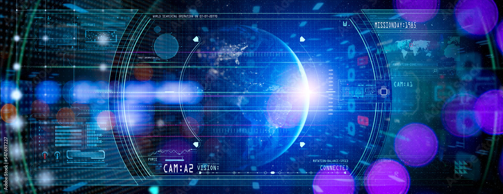 HUD ui futuristic user interface.3d global world map and business data ...