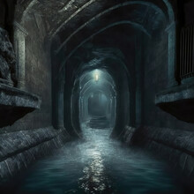 AI Generated Image Of Scary Endless Medieval Catacombs With Torches. Mystical Nightmare Concept