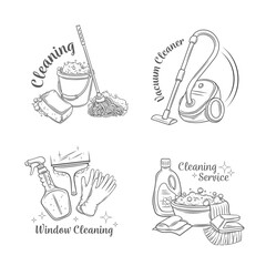 Wall Mural - Cleaning service line icons set vector illustration. Hand drawn outline equipment and tools of maid, detergent spray bottle for window washing, hygiene and landry, home cleaning from dust and dirt