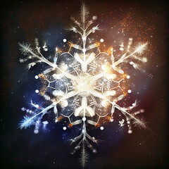 Wall Mural - A computer generated organic style snowflake shape glowing against a grunge dirty texture background illustration. A.I. generated art.