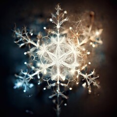 Wall Mural - A computer generated organic style snowflake shape glowing against a grunge dirty texture background illustration. A.I. generated art.