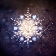 Wall Mural - A computer generated organic style snowflake shape glowing against a grunge dirty texture background illustration. A.I. generated art.