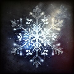 Wall Mural - A computer generated organic style snowflake shape glowing against a grunge dirty texture background illustration. A.I. generated art.