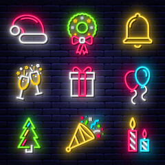 Merry Christmas neon icons collection. Christmas glowing neon icons, symbols and design elements. Collection of neon light signs, banners and signboards for Christmas decoration. Vector