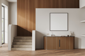 Bright living room interior with empty white poster, panoramic window