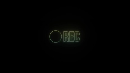 Sticker - Glowing neon rec icon on black background. the video recording process is in progress. 4K video animation for motion graphics and compositing.