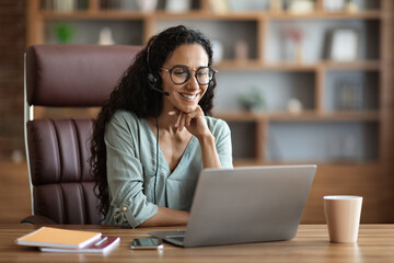 Wall Mural - Cheerful brunette businesswoman having video conference with patrners