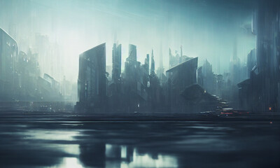 super futuristic cityscape with the city harbor in water reflections below. postproducted generative