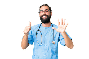 Wall Mural - Young doctor man over isolated chroma key background counting six with fingers