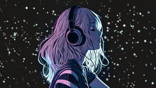 Beautiful Anime Girl Floating In Space With Stars, Listening To Lofi Hip Hop Music With Headphones.