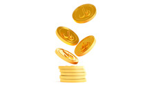 3D Render Of Islamic Rial Coins Standing Near Of Stacked Golden Coins. Gold Riyal Isolated On White Background
