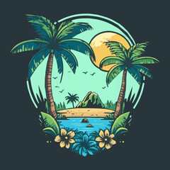 Wall Mural - Tropical Island Beach Logo Vintage Surf Badge Illustration