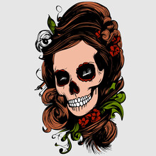 Colorful Feminine Sugar Skull Tattoo Hand Drawn Vector Colored Clip Art