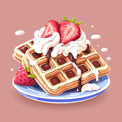 Poster - Vector illustration of delicious waffles with whipped cream and strawberries