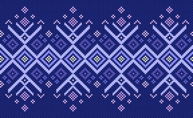 Wall Mural - Embroidery ethnic pattern, Vector Geometric zigzag background, Cross stitch horizontal knitting style, Purple pattern jacquard decorative, Design for textile, fabric, backdrop, kaftan, pillows