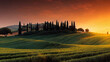 mediterranean landscape, beautiful sunrise in tuscany, farmhouse among tuscan hills, agriculture and cypresses in romantic sunset light, fictional landscape created with generative ai
