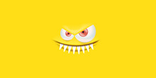 Vector Angry Yellow Monster Face With Open Mouth With Fangs And Evil Eyes Isolated On Yellow Horizontal Background. Halloween Cute And Angry Monster Design Template For Poster, Banner And Tee Print