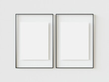 Double Vertical Frame Mock Up On White Clean Wall. Set Of Two Copy Space Vintage Textured Photo Frames Isolated On White Wall. 3d Illustration