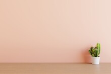 Empty Interior Room With Cactus Plant On Wooden Plank Floor And Pink Wall Background For Display Products. Space For Text And Picture.Design Ideas And Style Concept.3d Illustration