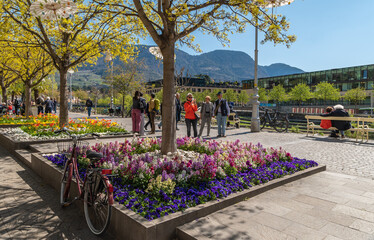 The town of Merano (Meran), South Tyrol, Trentino Alto Adige, Italy - Tourists visiting the city - april 11, 2022