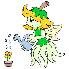 Sticker - Vector illustration of a cartoon fairy octopus with wings watering the yellow flower