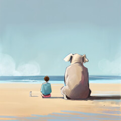 Wall Mural - child and elephant sitting on the beach