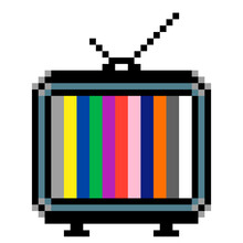 Pixel Art, Isolated: A Retro Vintage Old Analog Tv, With An External Antenna, Showing A Colorful Test Pattern Made Of Vertical Stripes.
