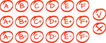Exam Result Set, Hand Drawn Letters A F In Circles And Do And Dont Marks. Education School Graphic, Red Grade From Perfect To Not Good, Vector Sketch Signs