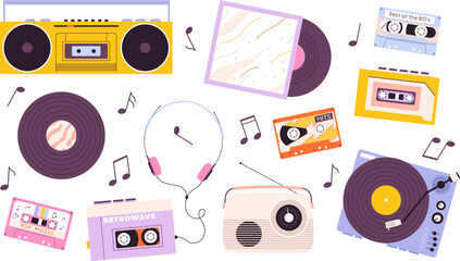 Music retro device, vinyl and headphones. 1980s style players collection, analogue sound radio, audio cassette recorder. Vintage racy vector collection
