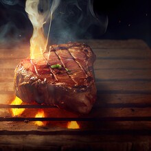 A Steak Is Being Cooked On A Grill With Flames Coming Out Of It And A Fork Sticking Out Of It