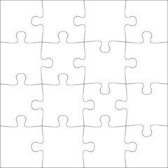Wall Mural - Puzzles grid template 4x4. Jigsaw puzzle pieces, thinking game and  jigsaws detail frame design. Business assemble metaphor or puzzles game challenge vector.