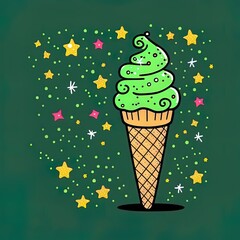 Poster - icre cream cone with comet and stars. funny clipart. ice cream cone icon with sprinkle on green background. hand drawn 2d illustrated. doodle art for kids, wallpaper, poster, banner, card, greeting